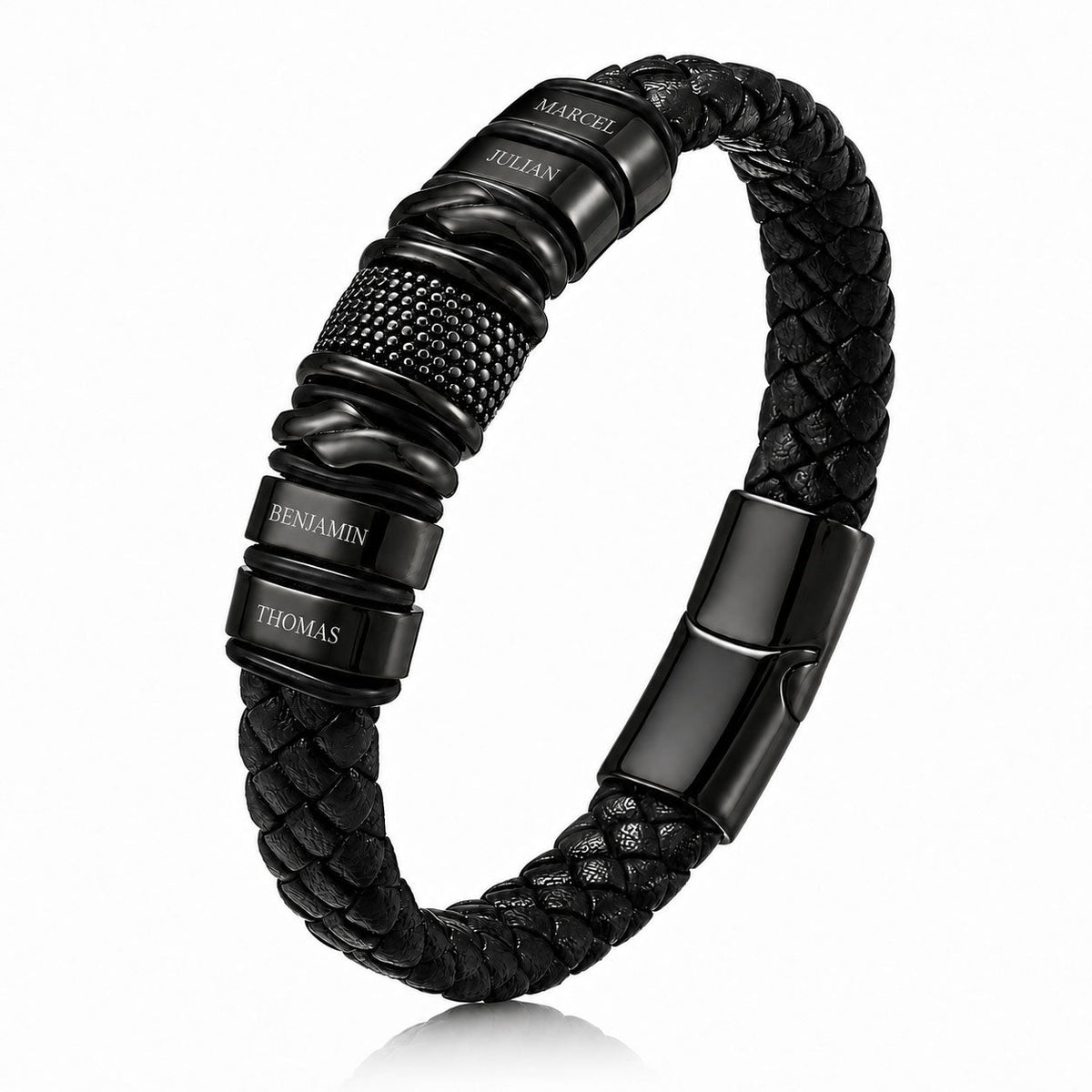 Brățară din Piele pentru Bărbați, Personalizată cu 4 Charm-uri Gravate cu Nume