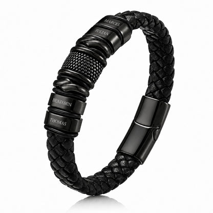 Brățară din Piele pentru Bărbați, Personalizată cu 4 Charm-uri Gravate cu Nume