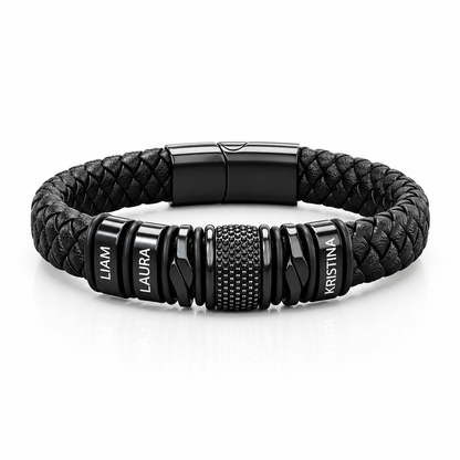 Brățară din Piele pentru Bărbați, Personalizată cu 4 Charm-uri Gravate cu Nume