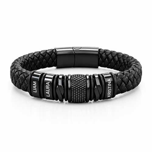 Brățară din Piele pentru Bărbați, Personalizată cu 4 Charm-uri Gravate cu Nume