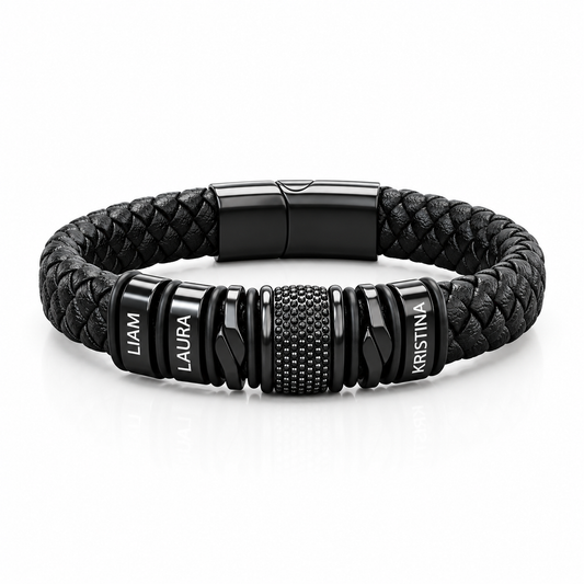 Brățară din Piele pentru Bărbați, Personalizată cu 4 Charm-uri Gravate cu Nume