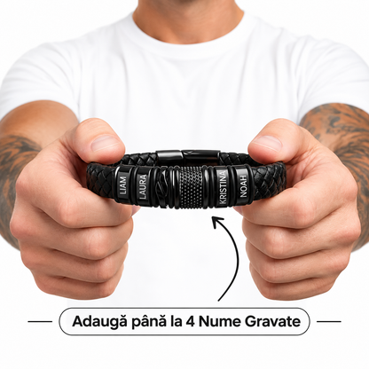 Brățară din Piele pentru Bărbați, Personalizată cu 4 Charm-uri Gravate cu Nume