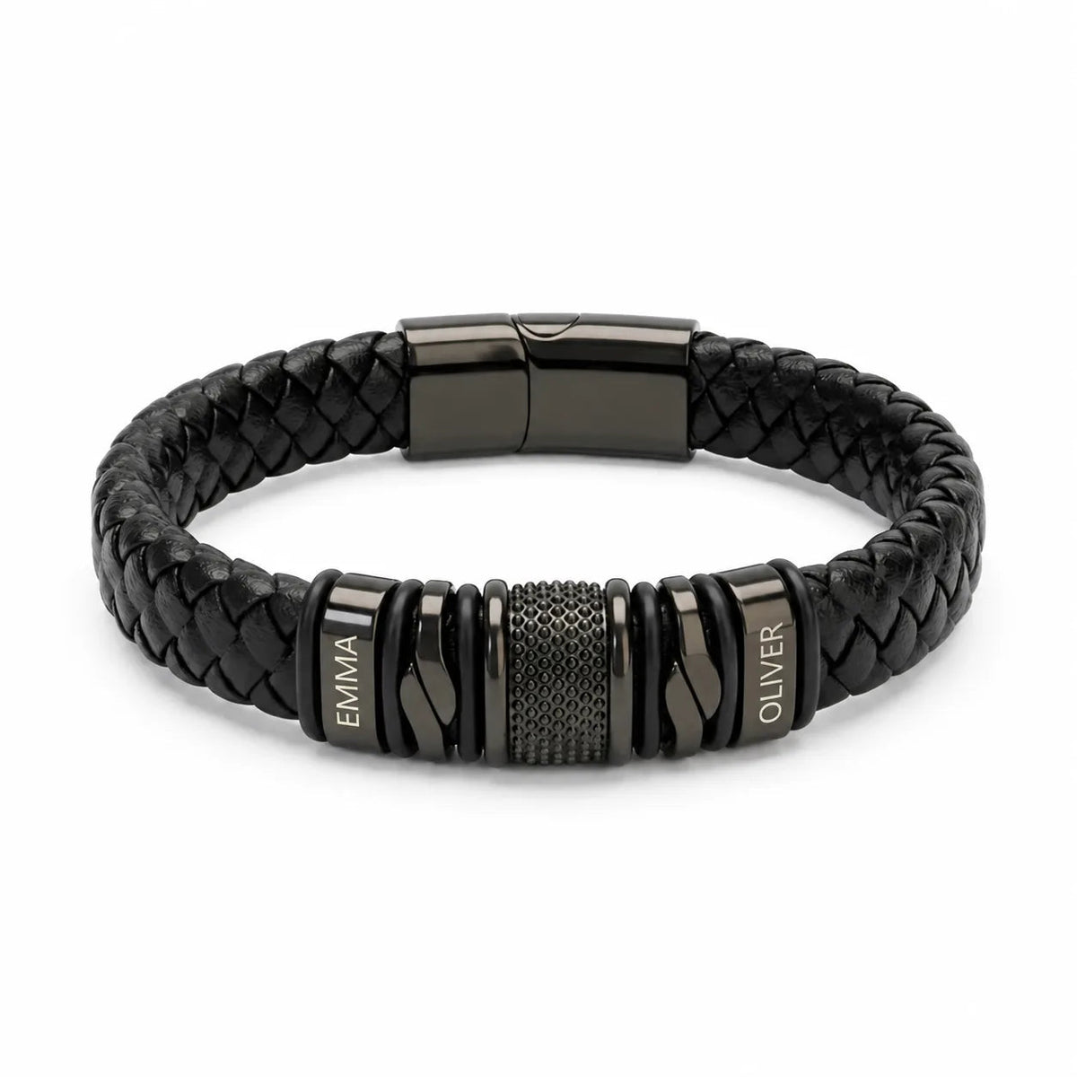 Brățară din Piele pentru Bărbați, Personalizată cu 4 Charm-uri Gravate cu Nume