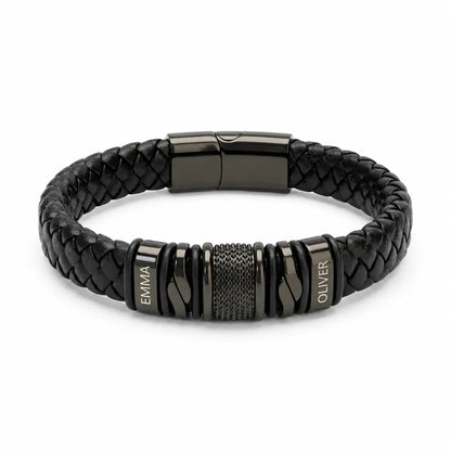 Brățară din Piele pentru Bărbați, Personalizată cu 4 Charm-uri Gravate cu Nume