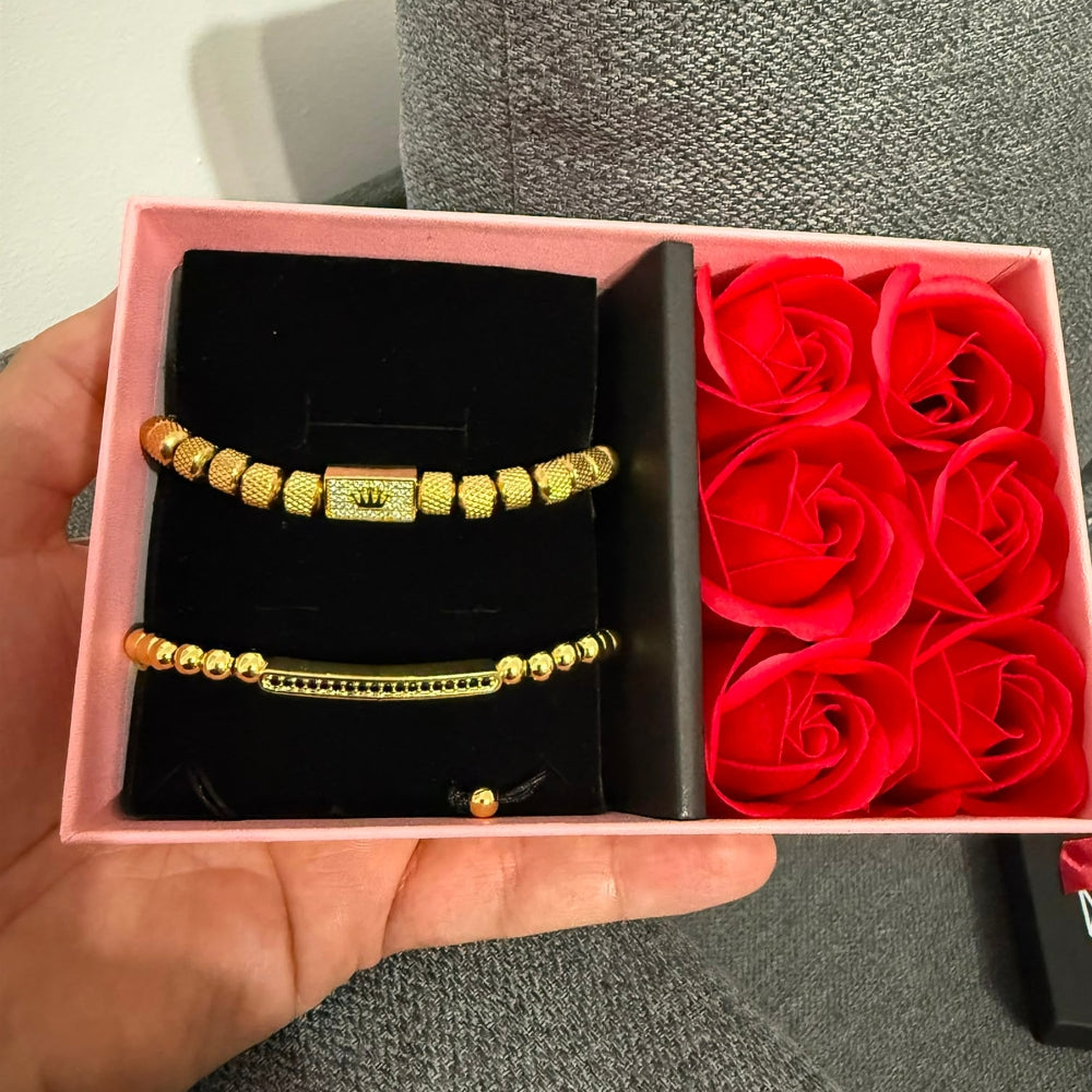 Set Brățări Crown Unisex Gravate, placate cu aur 14K+ Ambalaj Cutie Trandafiri
