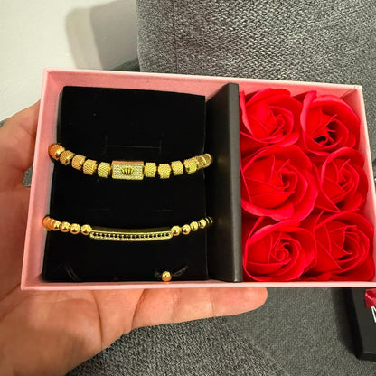 Set Brățări Crown Unisex Gravate, placate cu aur 14K+ Ambalaj Cutie Trandafiri