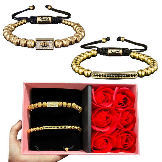 Set Brățări Crown Unisex Gravate, placate cu aur 14K+ Ambalaj Cutie Trandafiri