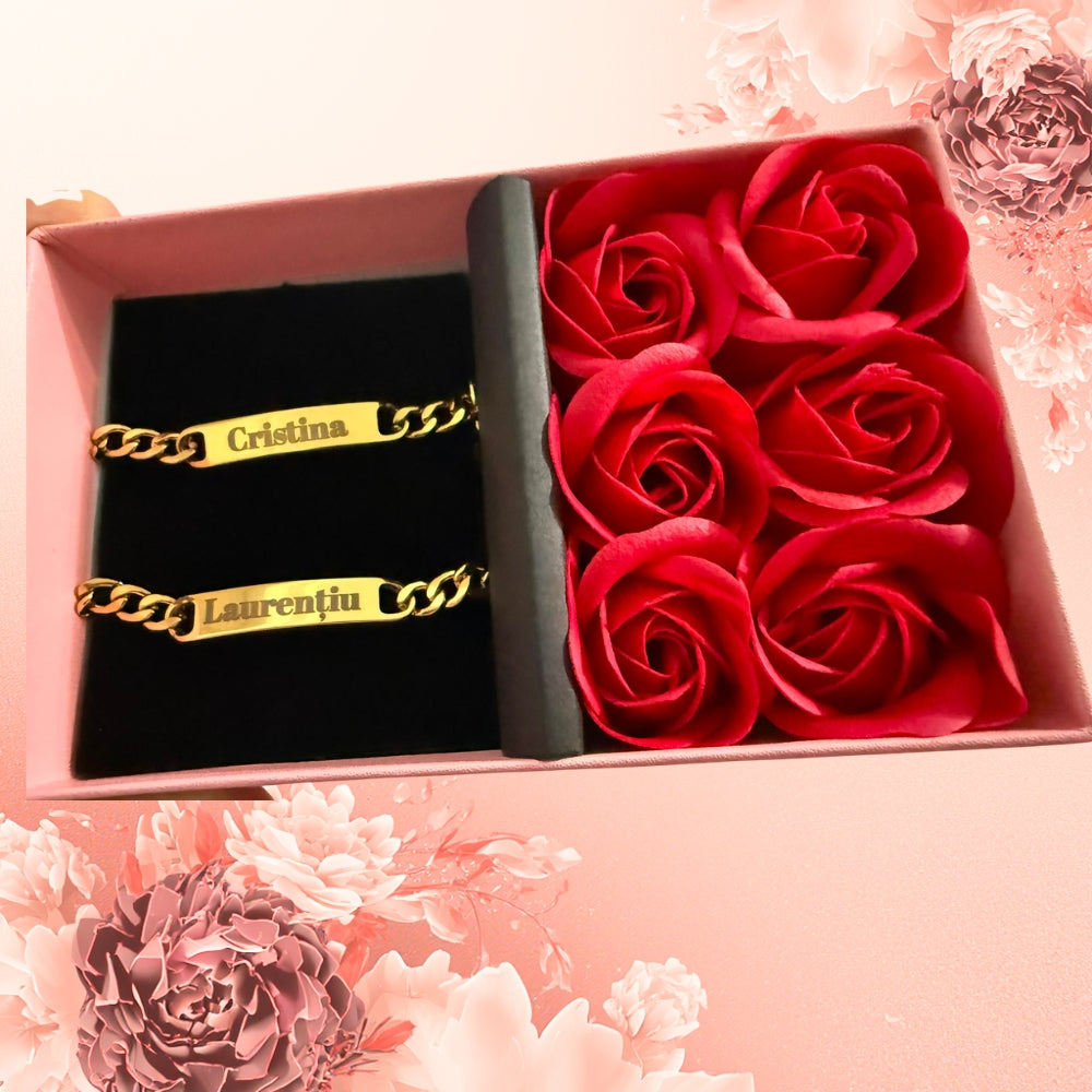 Set Brățări Personalizate pentru Cuplu + Ambalaj Cutie Trandafiri