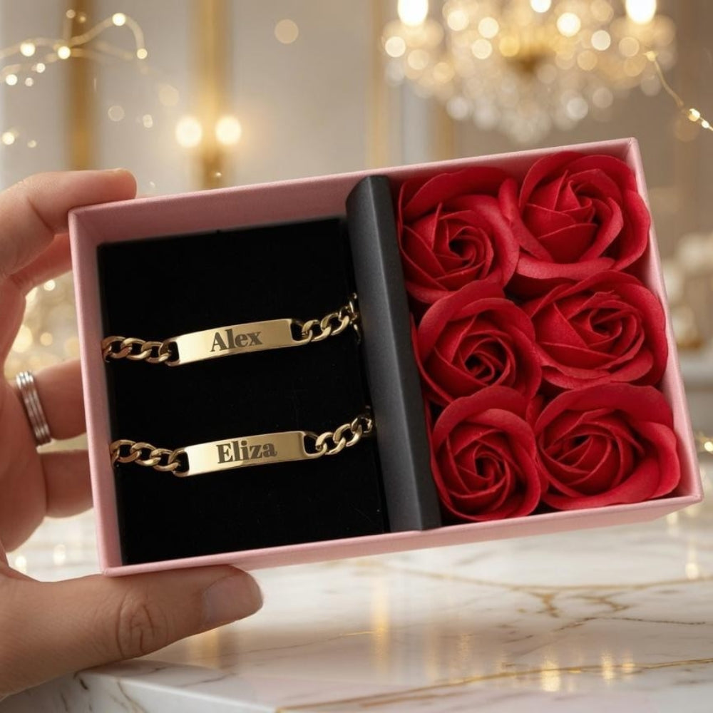 Set Brățări Personalizate pentru Cuplu + Ambalaj Cutie Trandafiri