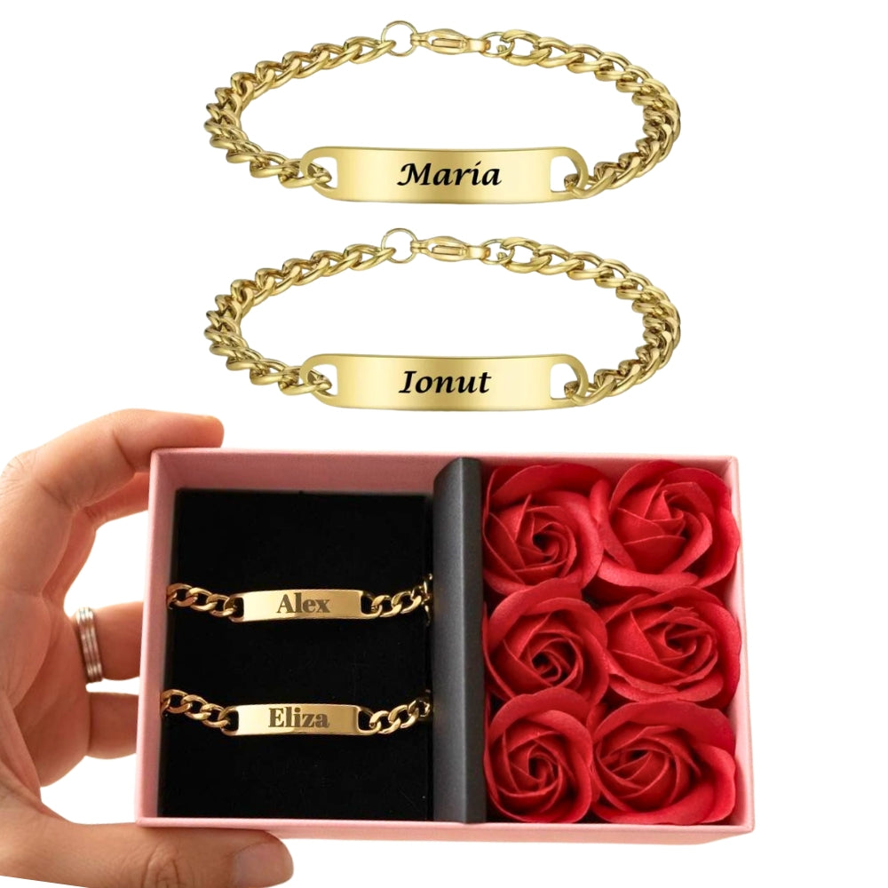 Set Brățări Personalizate pentru Cuplu + Ambalaj Cutie Trandafiri