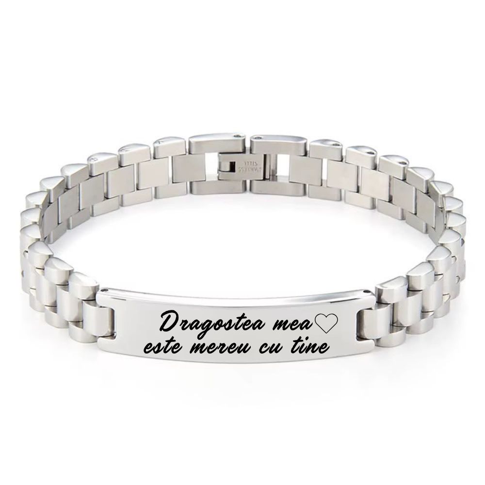 Brățară Unisex Personalizată din Inox Argintiu - Model Zale cu Plăcuță Gravată
