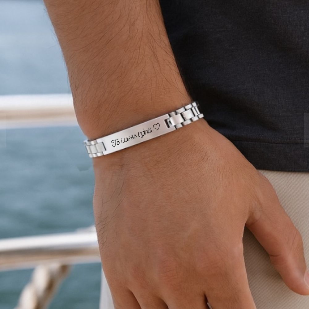 Brățară Unisex Personalizată din Inox Argintiu - Model Zale cu Plăcuță Gravată