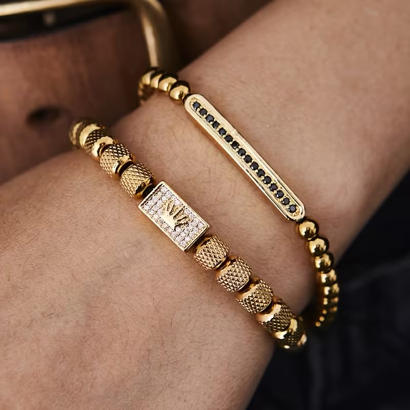 Set Brățări Crown Unisex Gravate, placate cu aur 14K+ Ambalaj Cutie Trandafiri