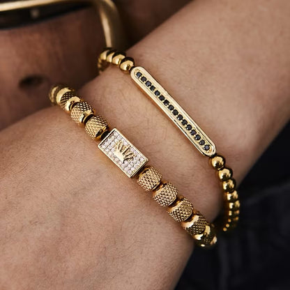 Set Brățări Crown Unisex Gravate, placate cu aur 14K+ Ambalaj Cutie Trandafiri