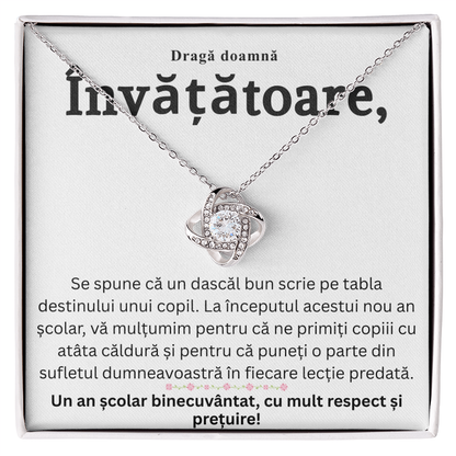 Cadou pentru doamna Învățătoare -  Colier  Nod de Iubire cu Felicitare Mesaj