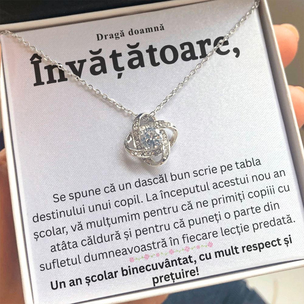Cadou pentru doamna Învățătoare -  Colier  Nod de Iubire cu Felicitare Mesaj