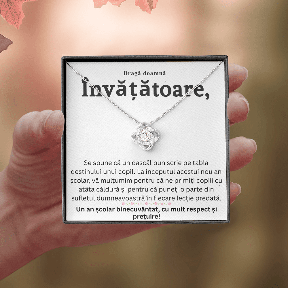 Cadou pentru doamna Învățătoare -  Colier  Nod de Iubire cu Felicitare Mesaj