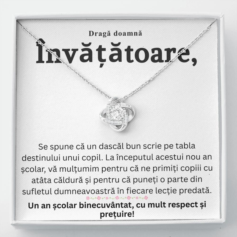 Cadou pentru doamna Învățătoare -  Colier  Nod de Iubire cu Felicitare Mesaj