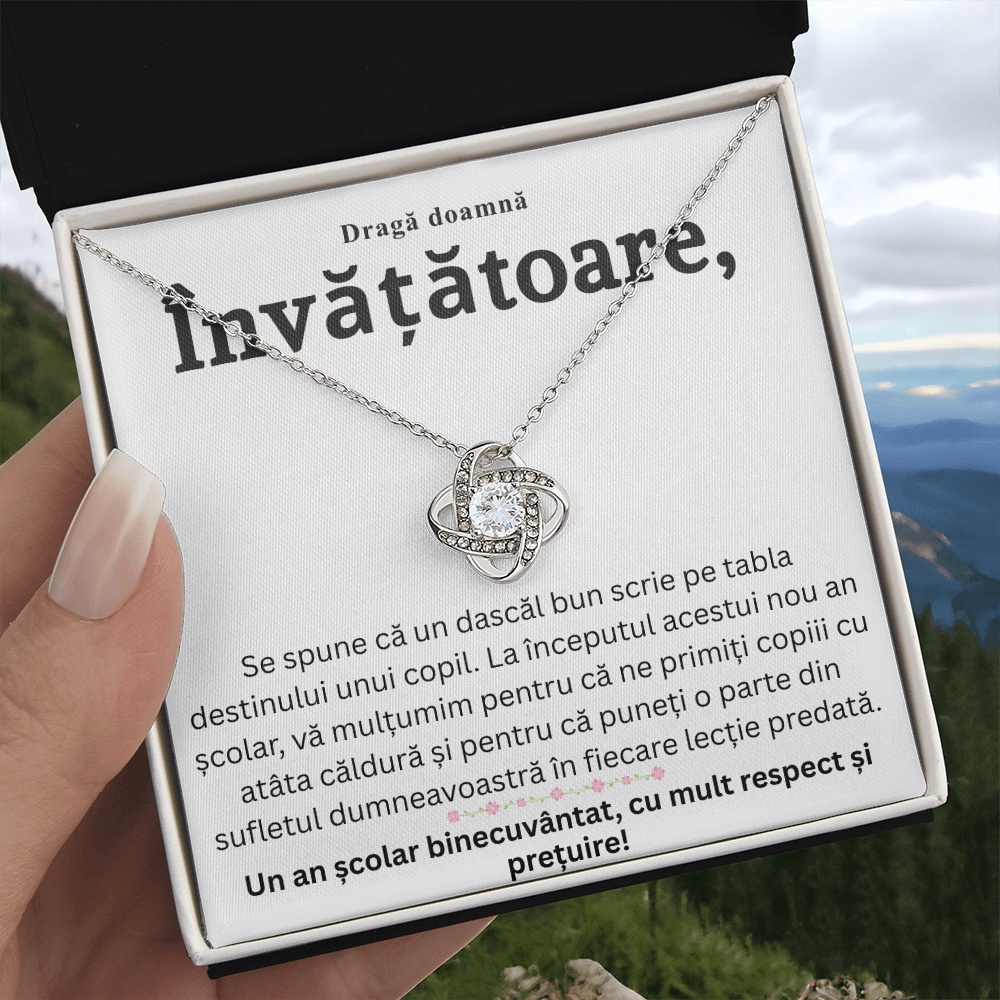 Cadou pentru doamna Învățătoare -  Colier  Nod de Iubire cu Felicitare Mesaj